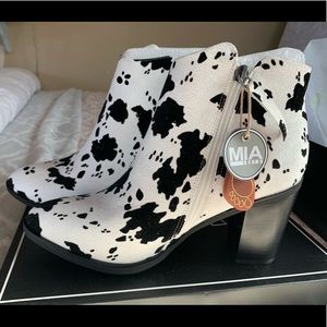 MIA Barby Black and White Cow Print Ankle Booties
